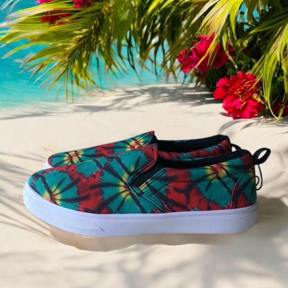 Taxi red green yellow tie dye slip on canvas sneakers
